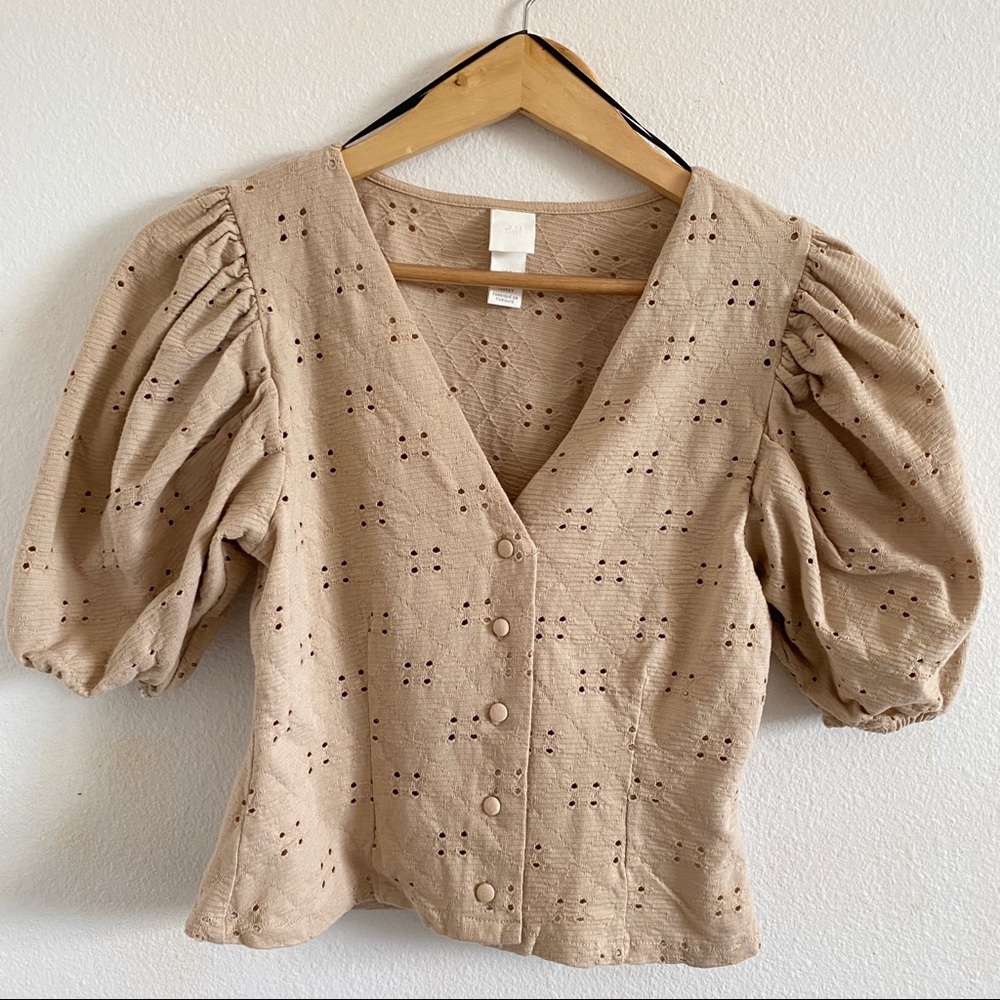 H&M Linen Embroidered Tan Blouse Size Small